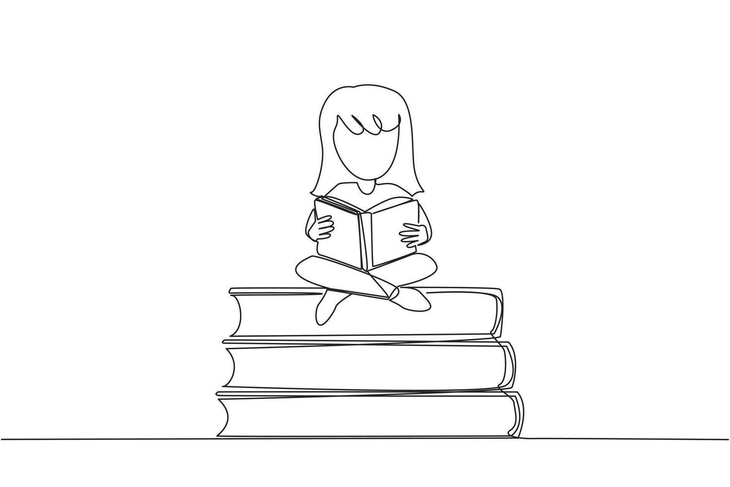 Single one line drawing girl sit cross-legged on pile of large books. Reading comic. Reading textbook. Read scientific journals. Reading increase insight. Continuous line design graphic illustration vector
