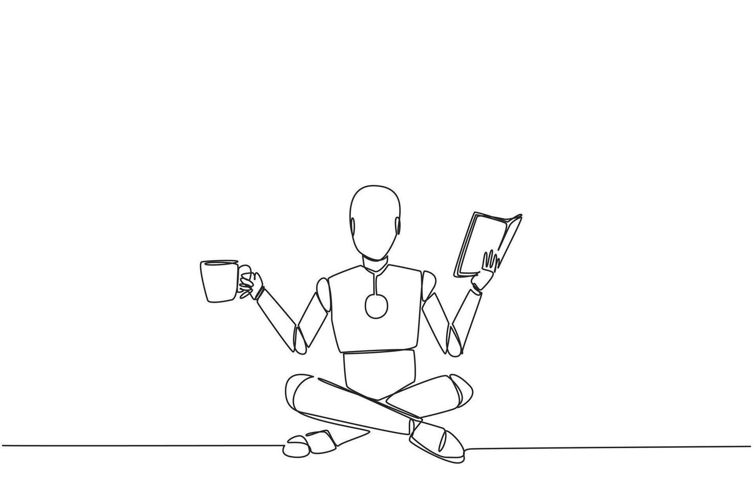 Single one line drawing smart robot sitting cross-legged reading book. Accompanied by mug of coffee to make reading more interesting. Knowledge. Calmness. Continuous line design graphic illustration vector