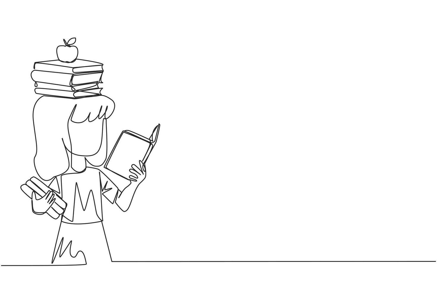 Single continuous line drawing girl read book practicing balance. Stack books on top of head along with the apple. Balancing reading rhythm, train focus. Love read. One line design illustration vector