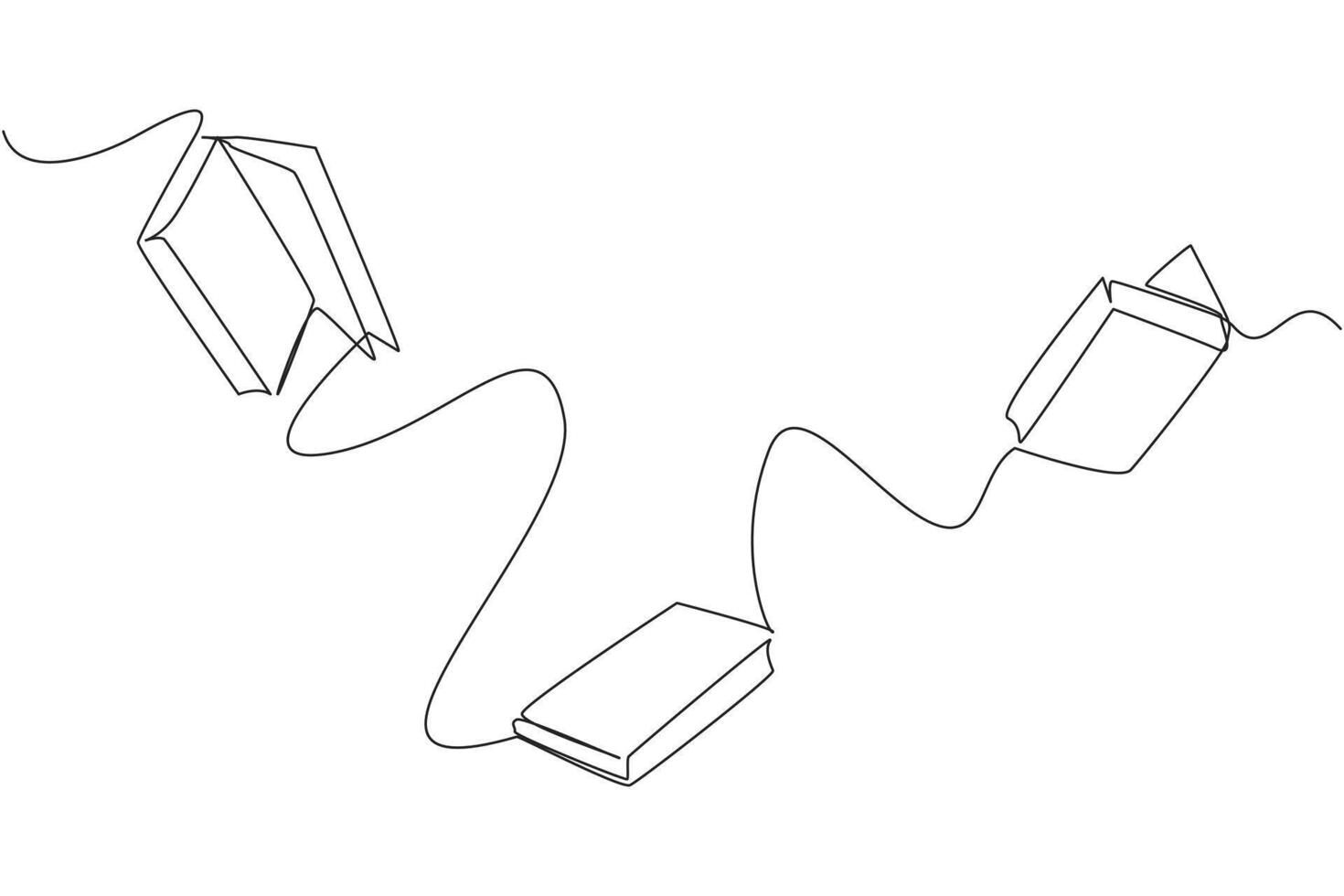 Single continuous line drawing books floating in space. Scientists explain that floating is caused by the loss of the earth's gravitational effect. Book festival. One line design illustration vector