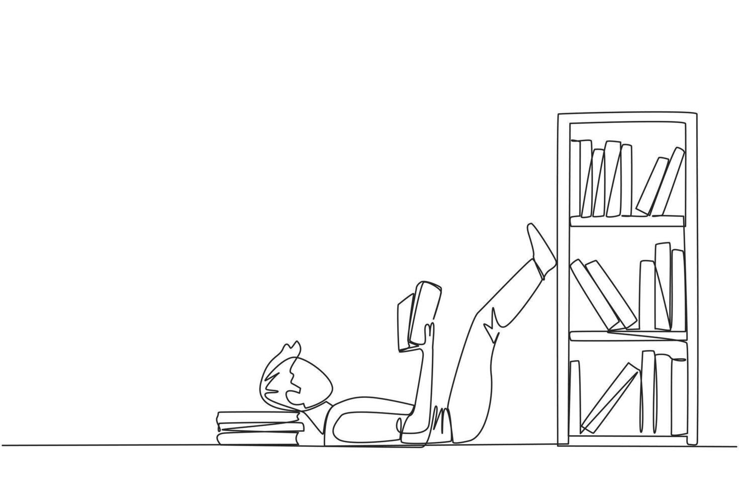 Single one line drawing man lying on back reading fiction story book near bookcase. Read slowly to enjoy the storyline. Hobby reading. Very good habit. Continuous line design graphic illustration vector