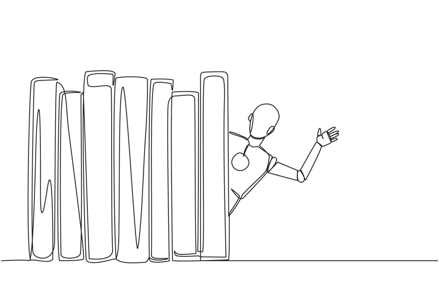 Single continuous line drawing smart robot appears from behind a row of books. Invitation to read books at the library. Like to reading book. Book festival concept. One line design illustration vector