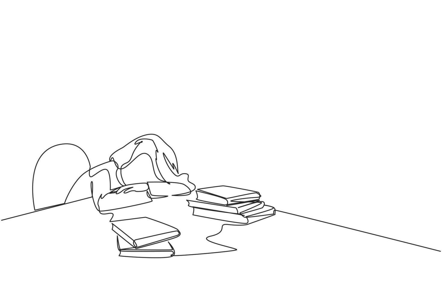 Continuous one line drawing woman asleep at the table where there were piles of books. Tired after successfully finish the favorite reading book. Love read. Single line draw design illustration vector