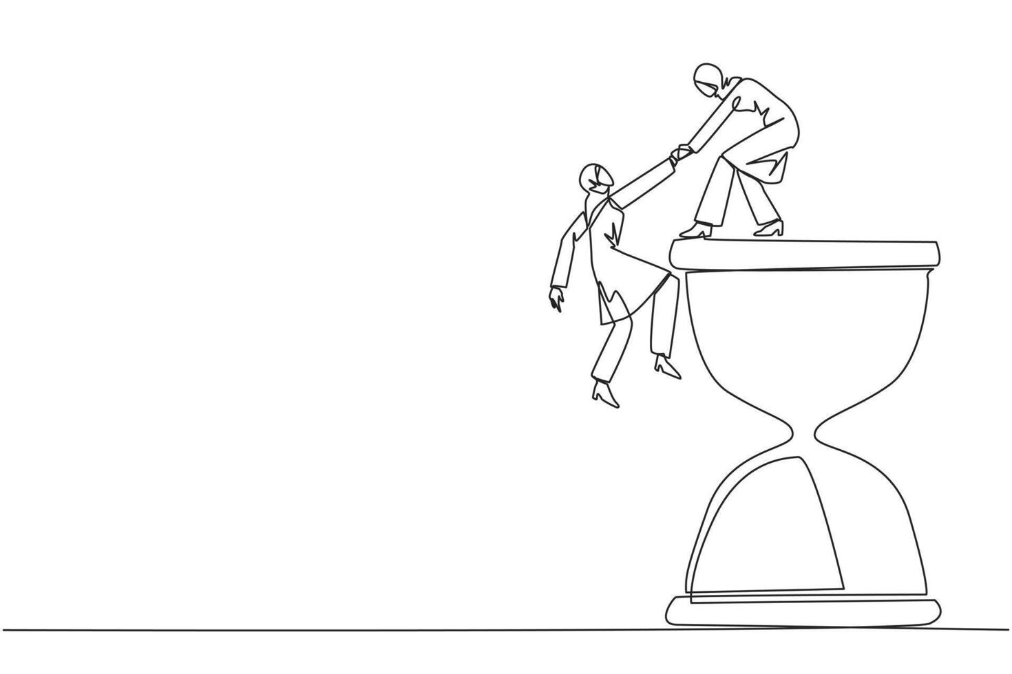 Continuous one line drawing Arab businesswoman helps colleague climb hourglass. Have many assignment deadlines. Sharing with colleague will become easier. Single line draw design illustration vector