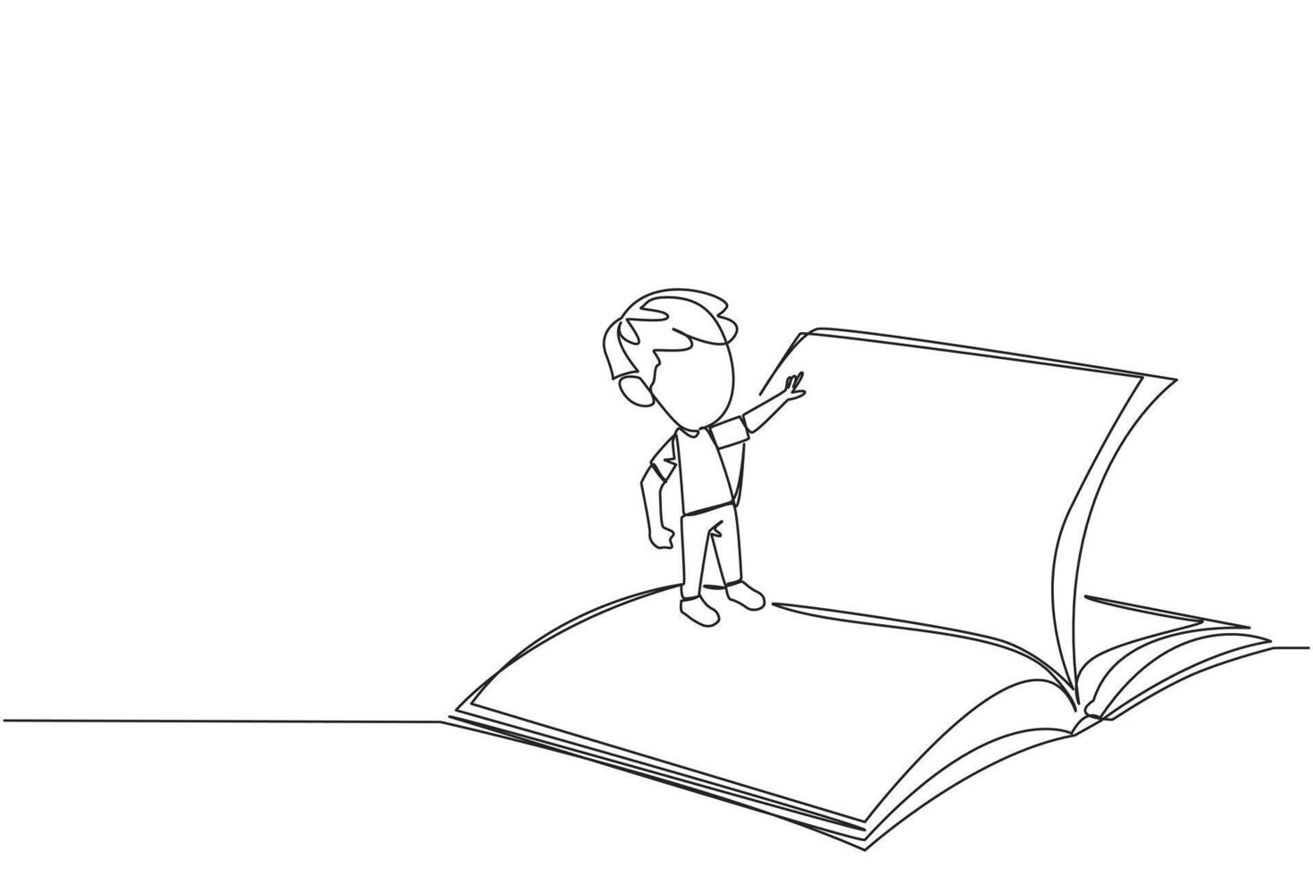 Single one line drawing boy standing over open ledger turning the pages. Read slowly to understand the contents of each page. Reading increases insight. Continuous line design graphic illustration vector