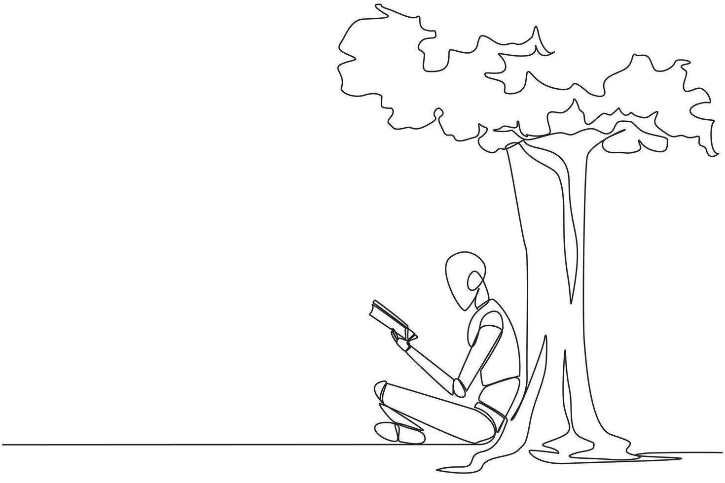 Continuous one line drawing robot sitting reading book under shady tree. Continuing second volume of the fiction story book. Enjoy reading. Book festival. Single line draw design illustration vector