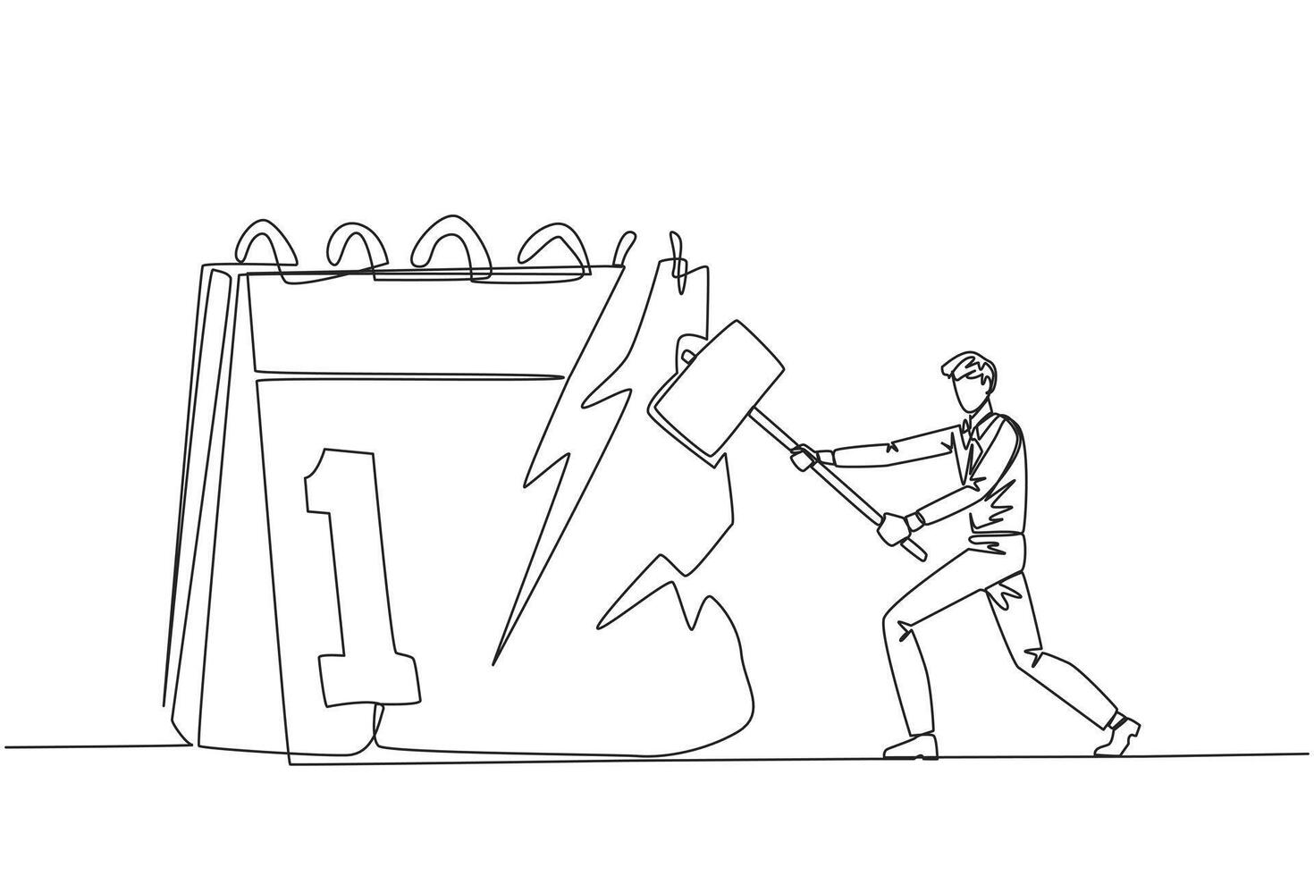 Single one line drawing businessman preparing to hit the big desk calendar. Very angry expression. Lots of deadlines, holiday schedules become messy. Irate. Continuous line design graphic illustration vector