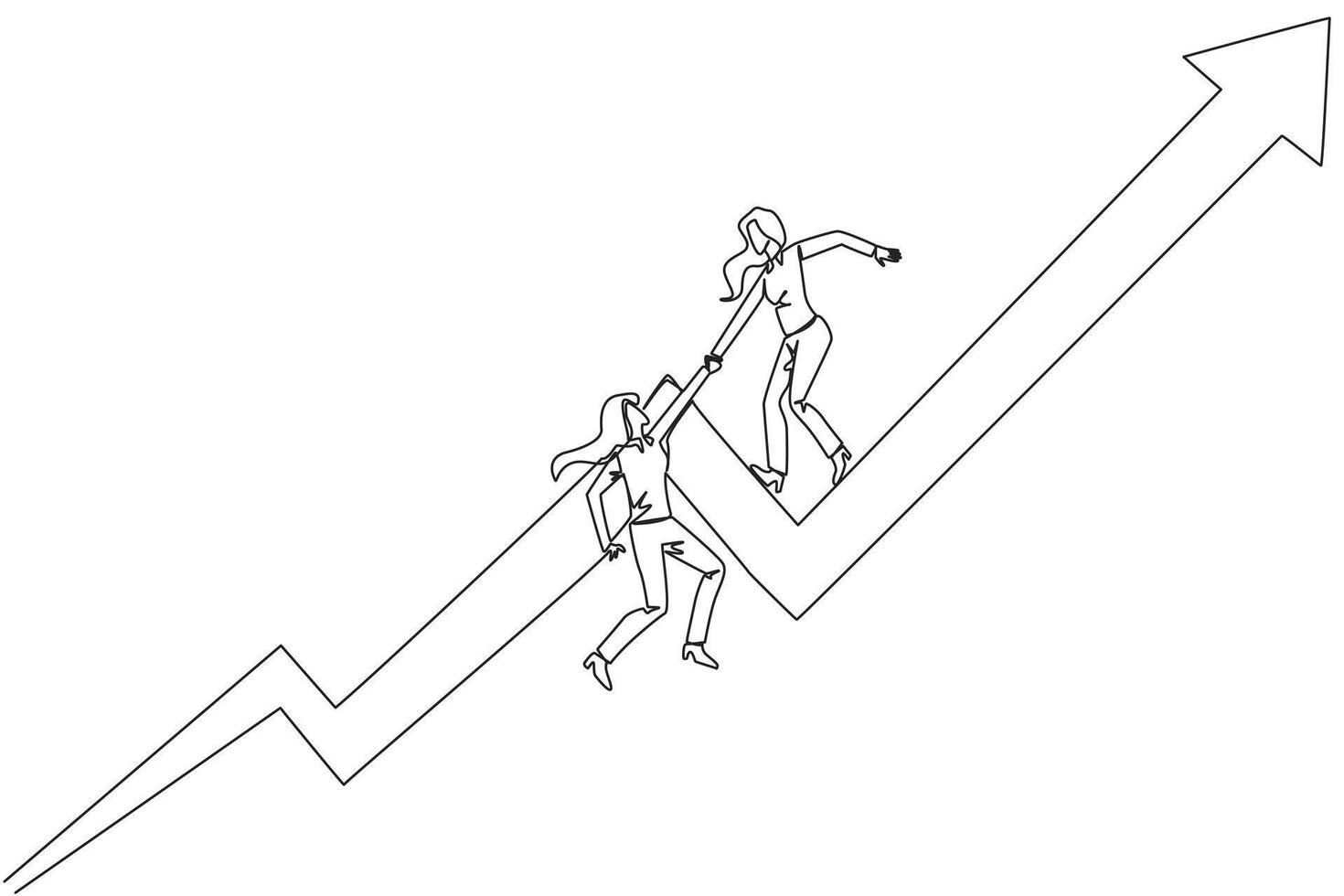 Single continuous line drawing businesswoman helps colleague to climb the rising arrow symbol. Help each other to achieve satisfactory targets. Grow together. One line design illustration vector