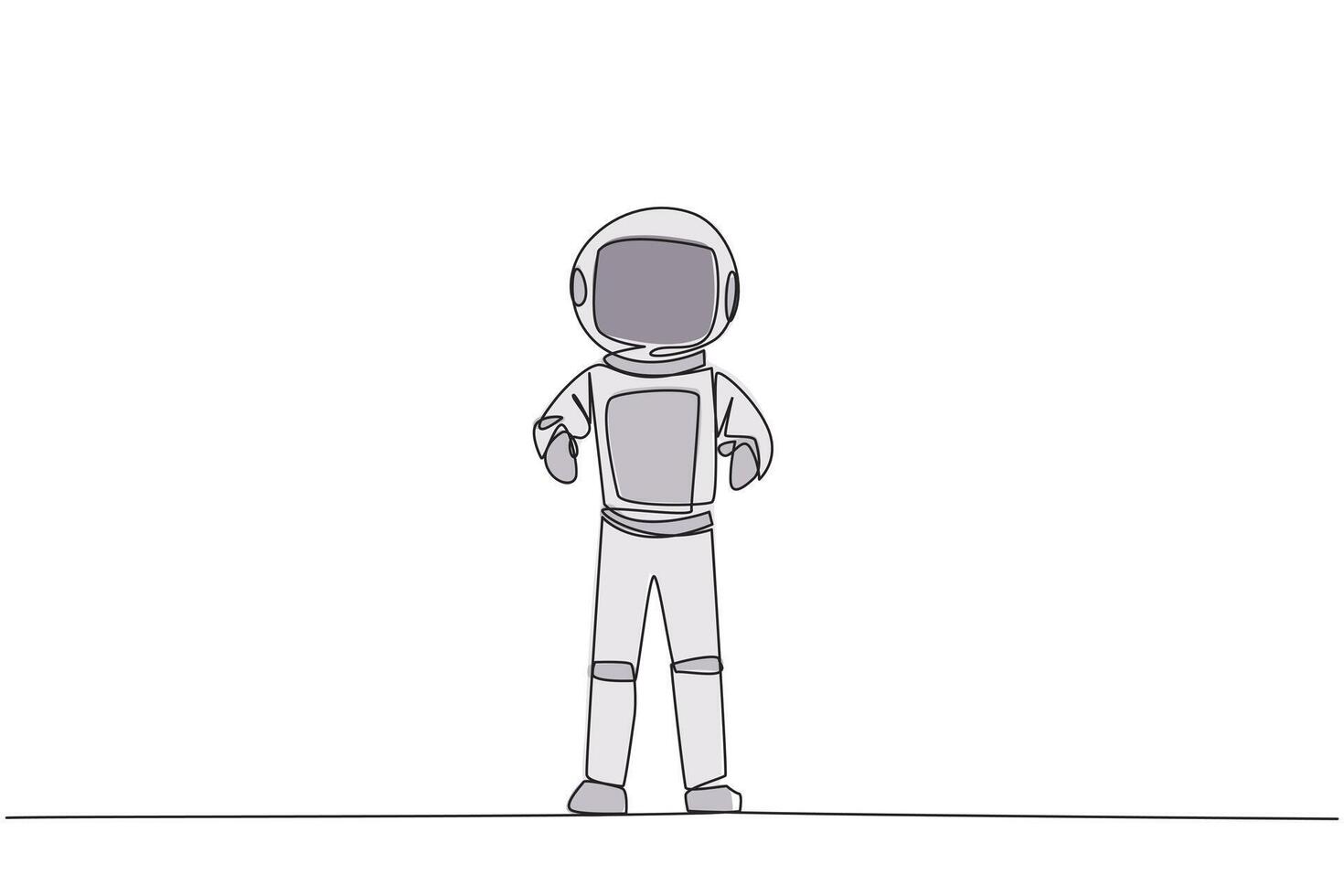 soltero continuo línea dibujo joven astronauta en pie derecho. sobrevivir inflación y pandemias mirando a el futuro de negocio es lleno de esperanzas de éxito. uno línea diseño ilustración vector