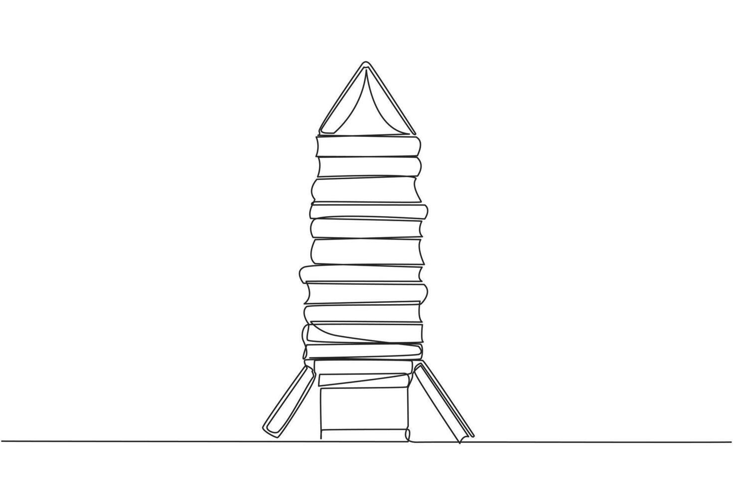 Continuous one line drawing stacked books form a rocket. Space book festival concept. Guidebook for carrying out expedition missions. Technology. Vehicle. Single line draw design illustration vector