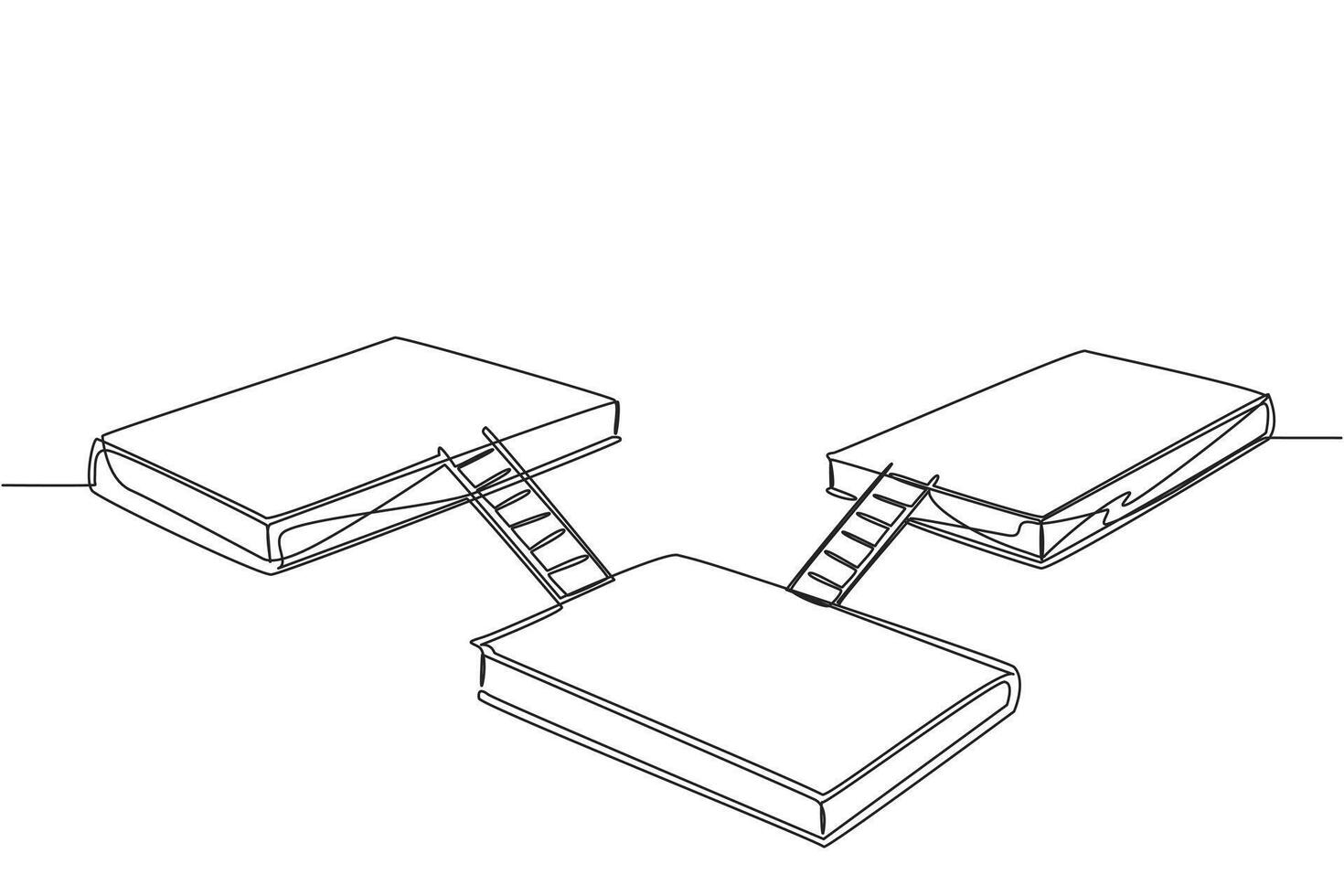 Single continuous line drawing three large books connected by stairs. Expo exhibition stage. Booth for exhibiting books. Book festival at outer space. Galaxy stage. One line design illustration vector