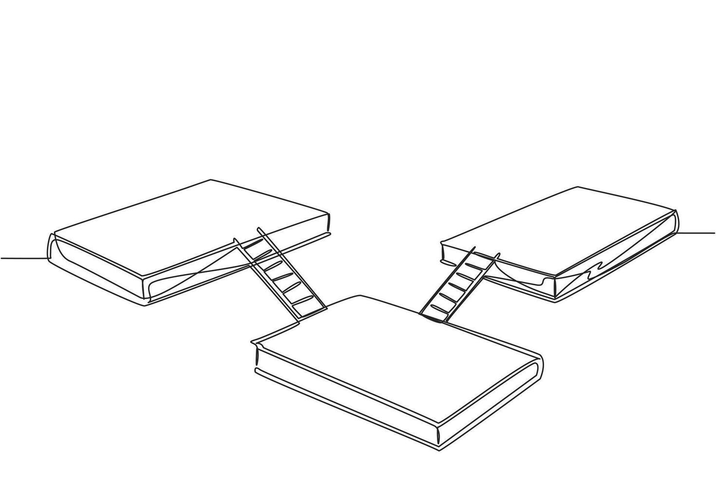 soltero continuo línea dibujo Tres grande libros conectado por escaleras. expo exposición escenario. cabina para exhibiendo libros. libro festival a exterior espacio. galaxia escenario. uno línea diseño ilustración vector