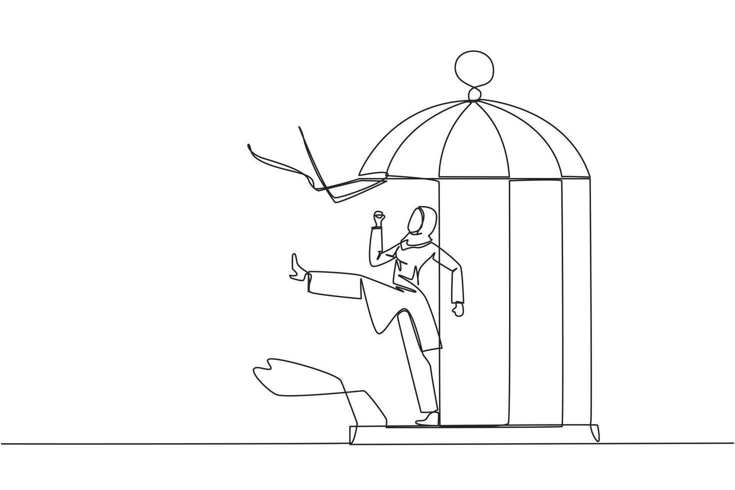 Single one line drawing Arab businesswoman trapped in cage kick the cage until wrecked. Freedom of expression for smooth running of business. Distractions. Continuous line design graphic illustration vector