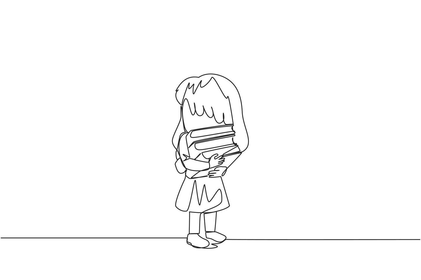 Single one line drawing girl standing hugging some books. Favorite book that finish reading. Some books will be donated to the national library. Knowledge. Continuous line design graphic illustration vector