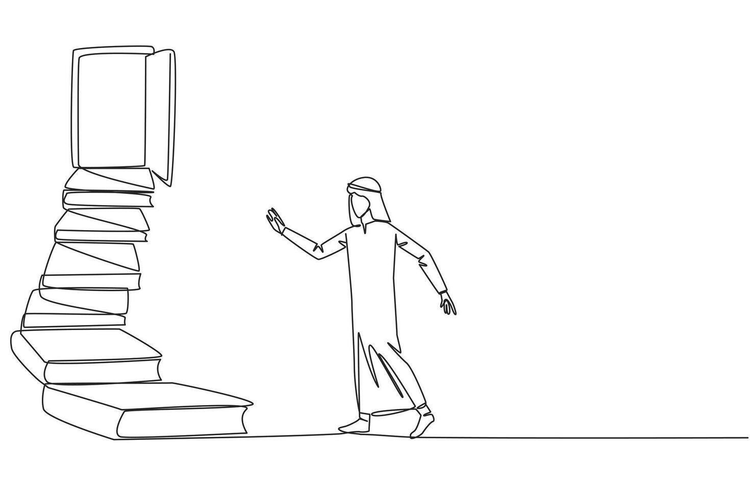 Single one line drawing Arab man climb stairs from the book stack. Towards the wide open door. Metaphor of finding the answers from books. Book festival. Continuous line design graphic illustration vector
