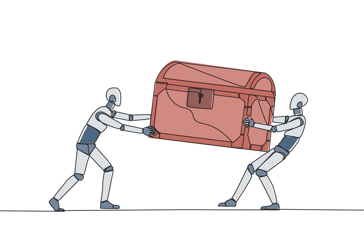 Single continuous line drawing two egoistic robot fighting over the treasure chest. Feel most entitled to the discovery of treasure. Rivalry and competition. Tech. One line design illustration vector