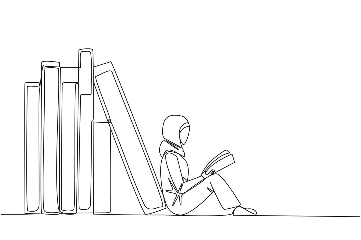 Continuous one line drawing Arabian woman reading sitting leaning against pile of books. Habit of reading books every day. Library. Book festival concept. Single line draw design illustration vector