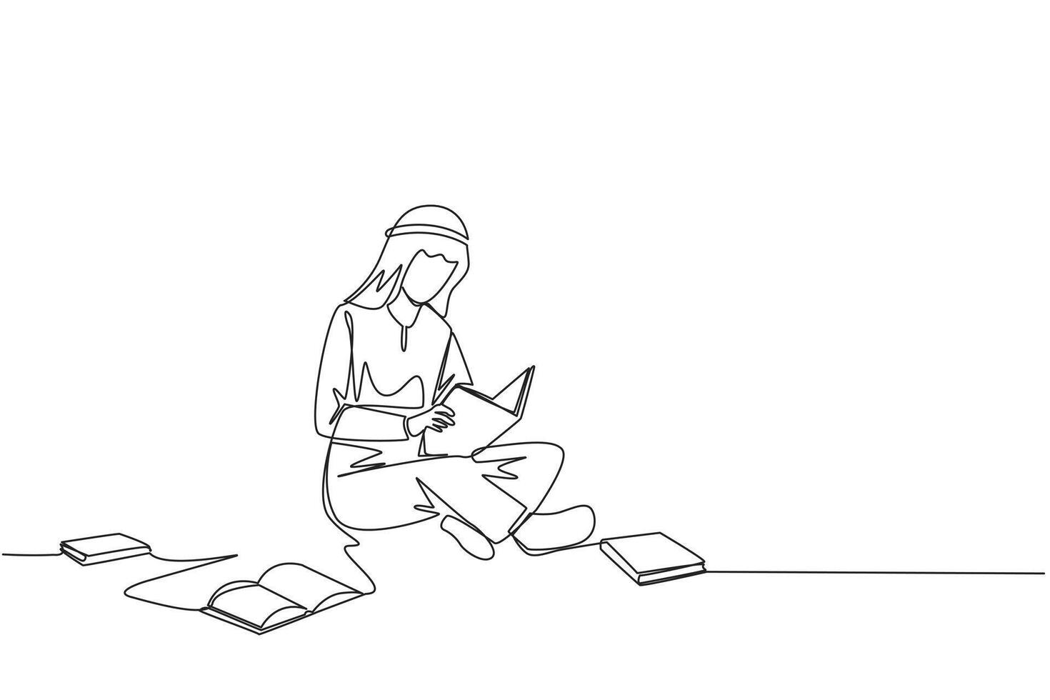 Single continuous line drawing Arabian man sitting relax in library reading lot of books. Looking for answers to assignments. Hobby reading. Book festival concept. One line design illustration vector
