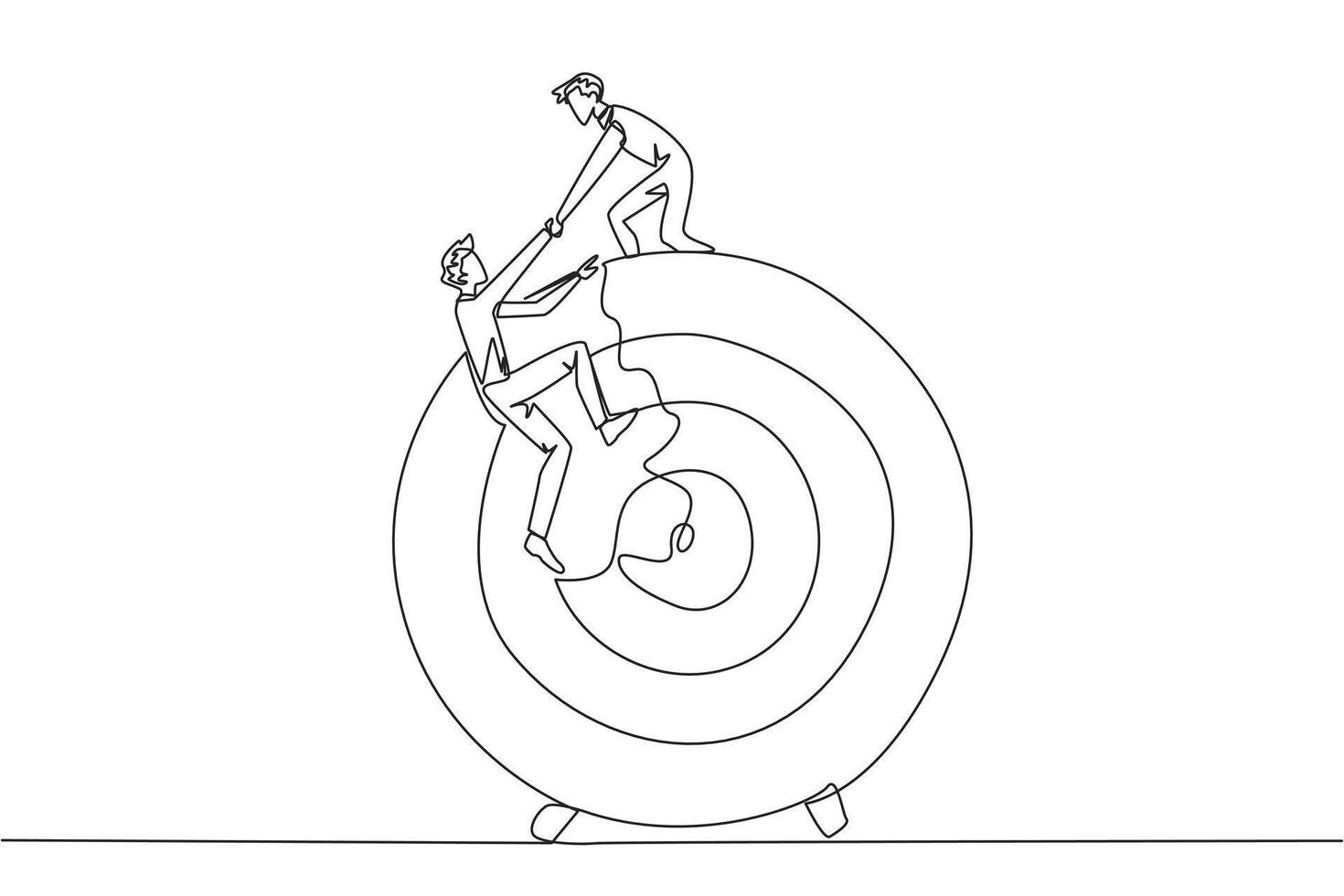 Continuous one line drawing businessman helps colleague climb arrow board target. Metaphors help focus on completing tasks one at time. Success together. Single line draw design illustration vector