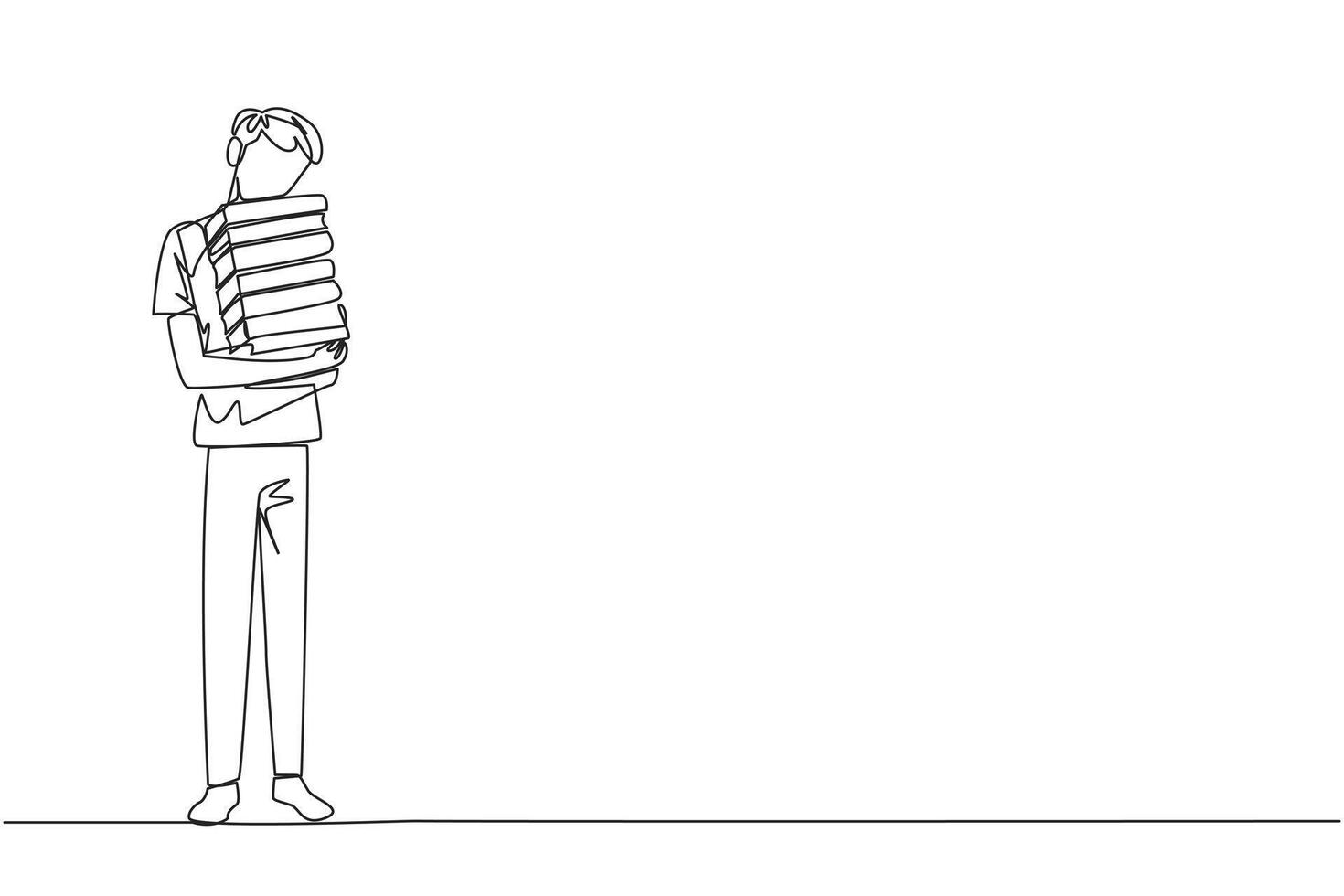 Continuous one line drawing man standing hugging some books. Favorite book that finish reading. Some books will be donated to national library. Charity. Knowledge. Single line draw illustration vector