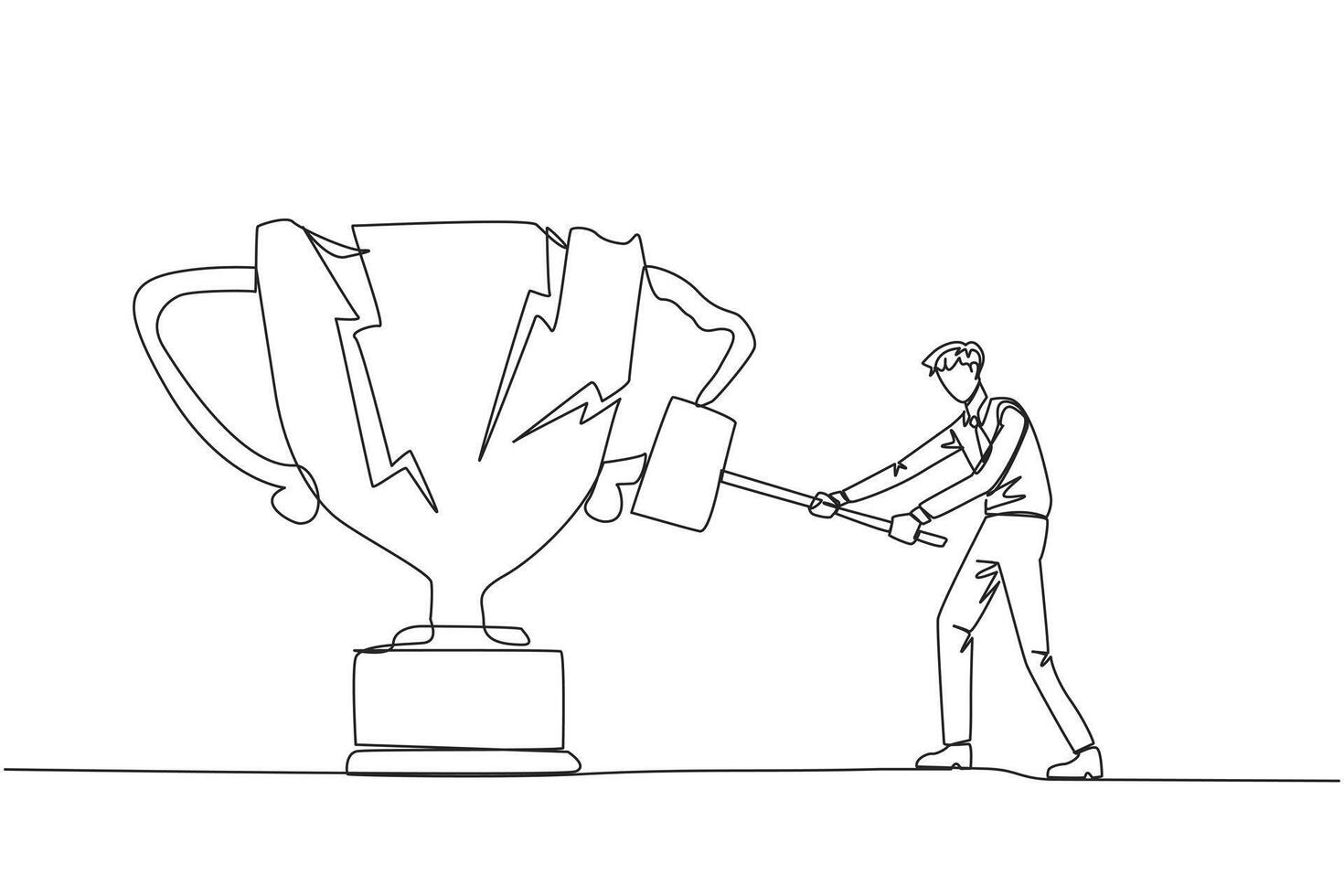 Single one line drawing businessman preparing to hit the big trophy. Rampage. Expressing mounting anger. Smashing the trophy with a sledgehammer. Failed. Continuous line design graphic illustration vector