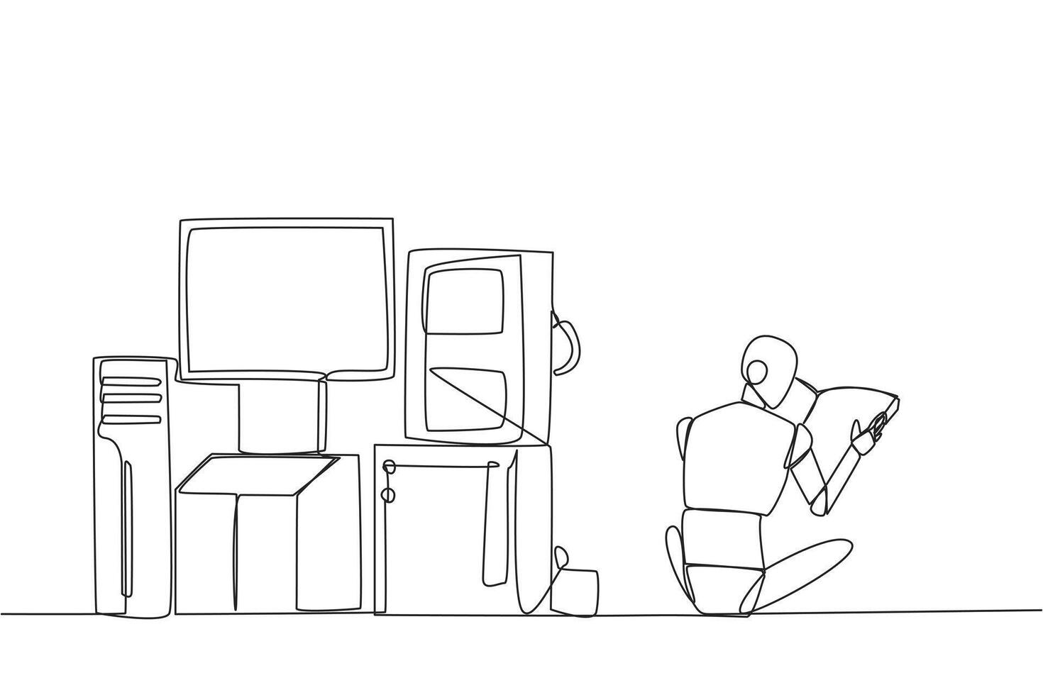 Continuous one line drawing robots are assembling super powerful computers. Hardware created based on intelligent robot analysis. Book festival concept. Single line draw design illustration vector