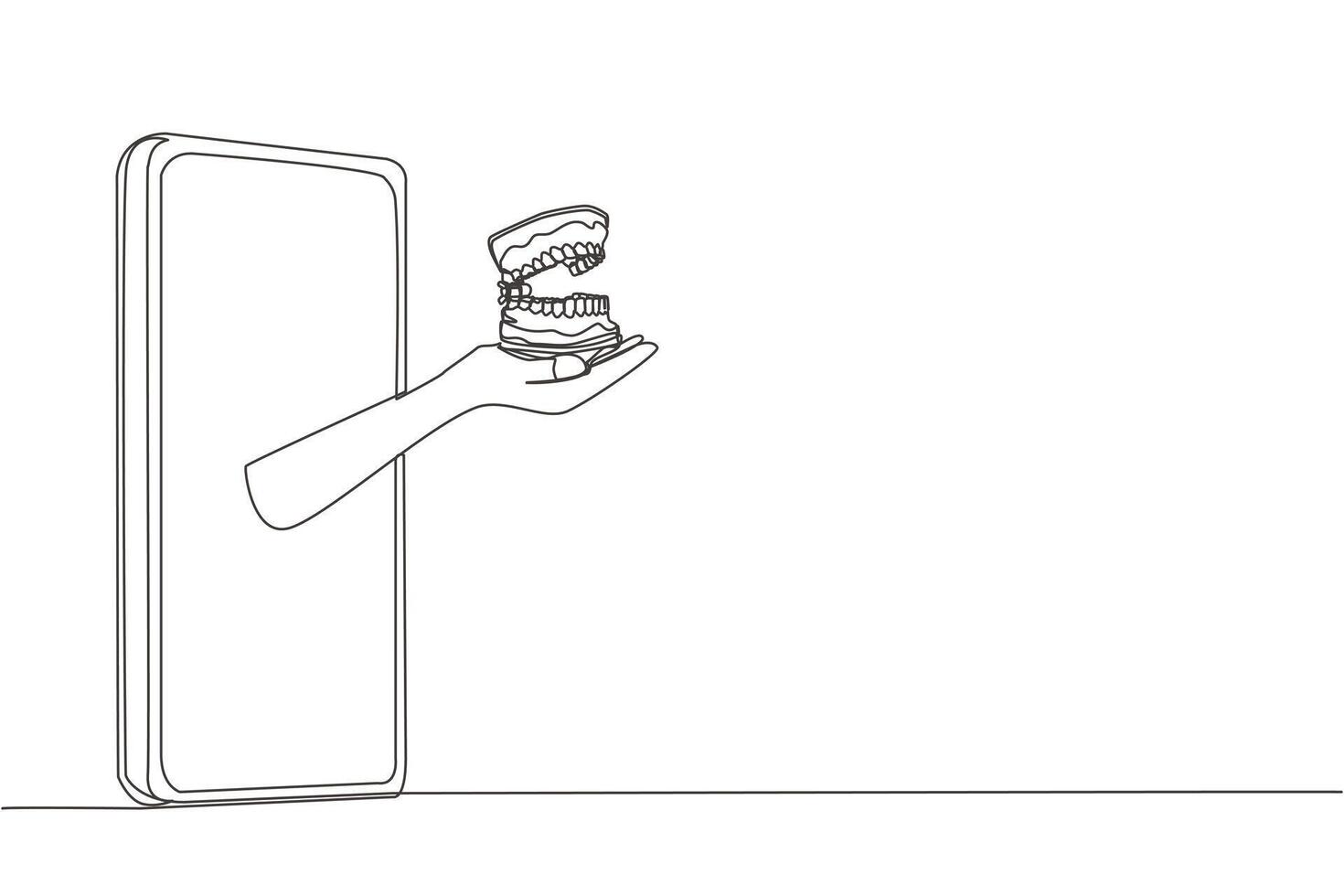 Single continuous line drawing hand comes out from the smartphone holding dentures. Special application about oral health and its anatomy. Online consultation. One line design illustration vector