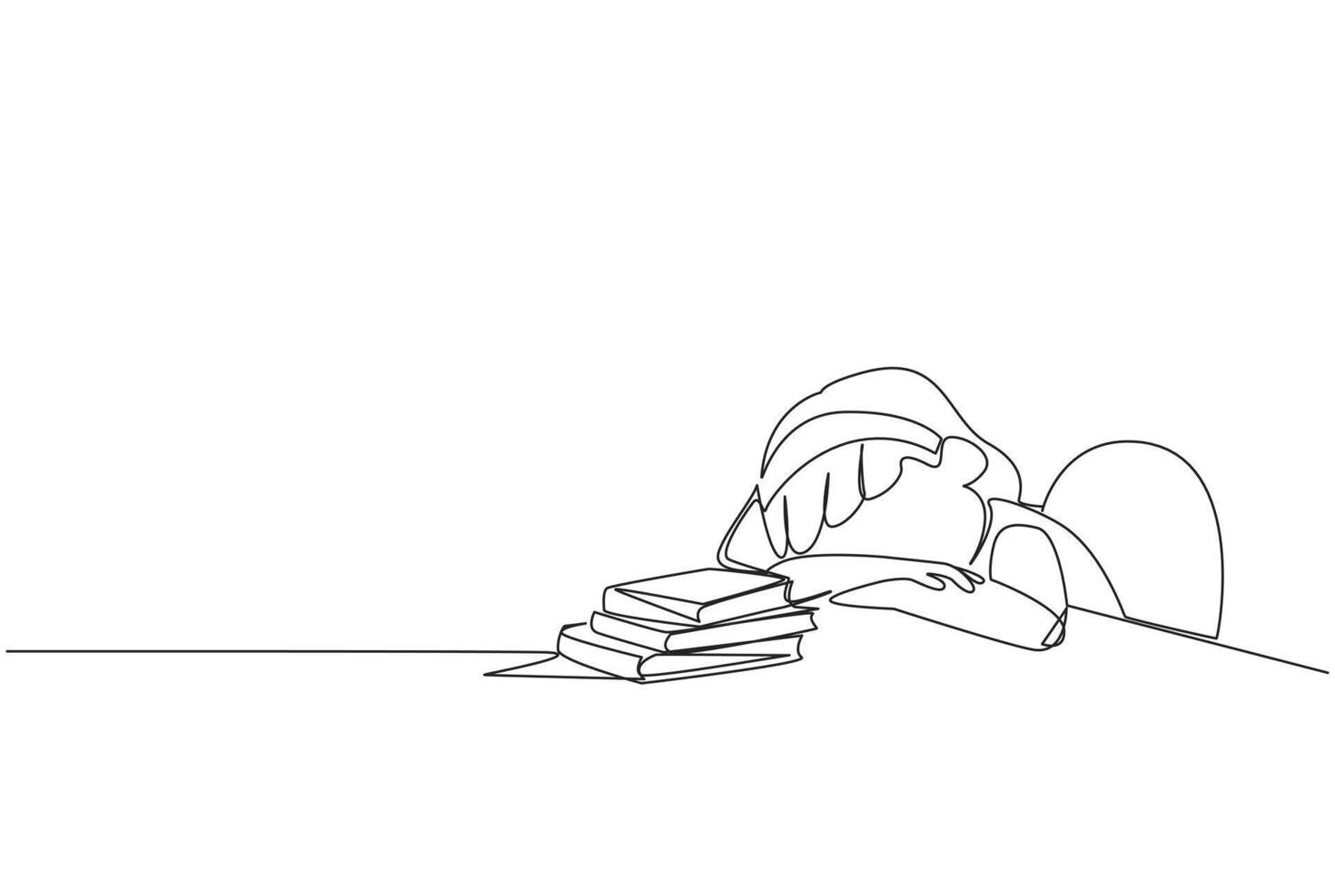 Single one line drawing girl asleep at the table where there were piles of books. Tired after successfully finishing the favorite reading book. Love read. Continuous line design graphic illustration vector