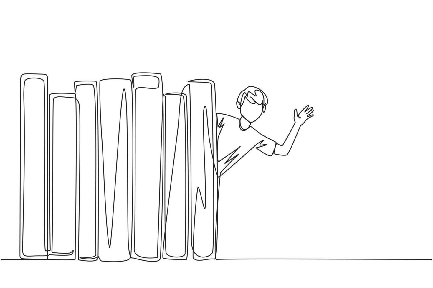Continuous one line drawing man appears from behind a row of books. Invitation to read books at the library. Like to reading a book. Book festival concept. Single line draw design illustration vector