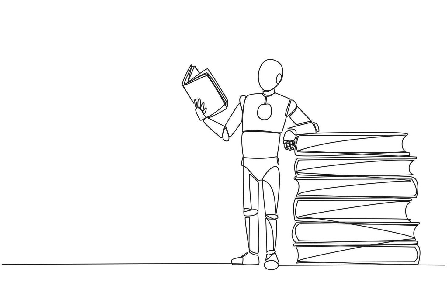 Single continuous line drawing smart robot standing reading book while leaning against a pile of large books. Hobby of reading anywhere. Very happy when reading. One line design illustration vector