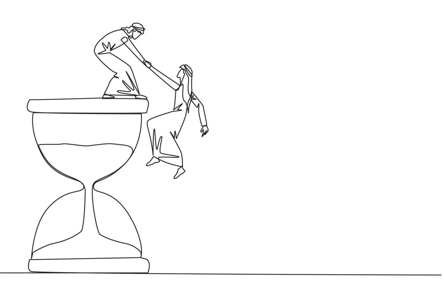 Single continuous line drawing Arabian businessman helps colleague climb hourglass. Have many assignment deadlines. Sharing with colleagues will become easier. One line design illustration vector
