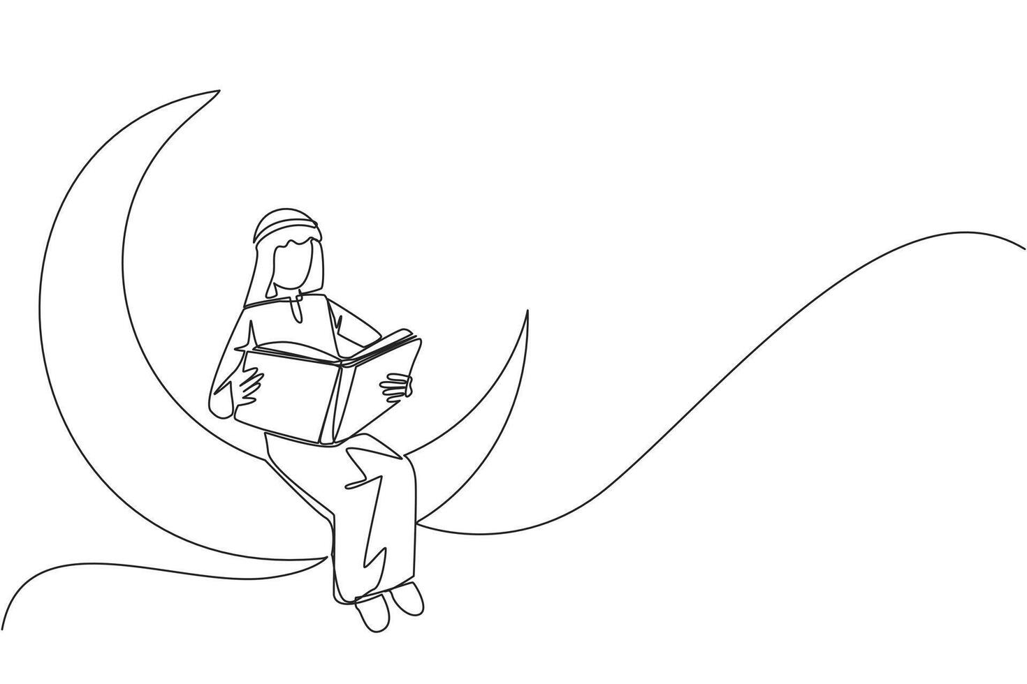 Single one line drawing Arab man sitting on crescent moon reading a book. Metaphor of reading a fairy story before sleeping. Read until late. Love reading. Continuous line design graphic illustration vector