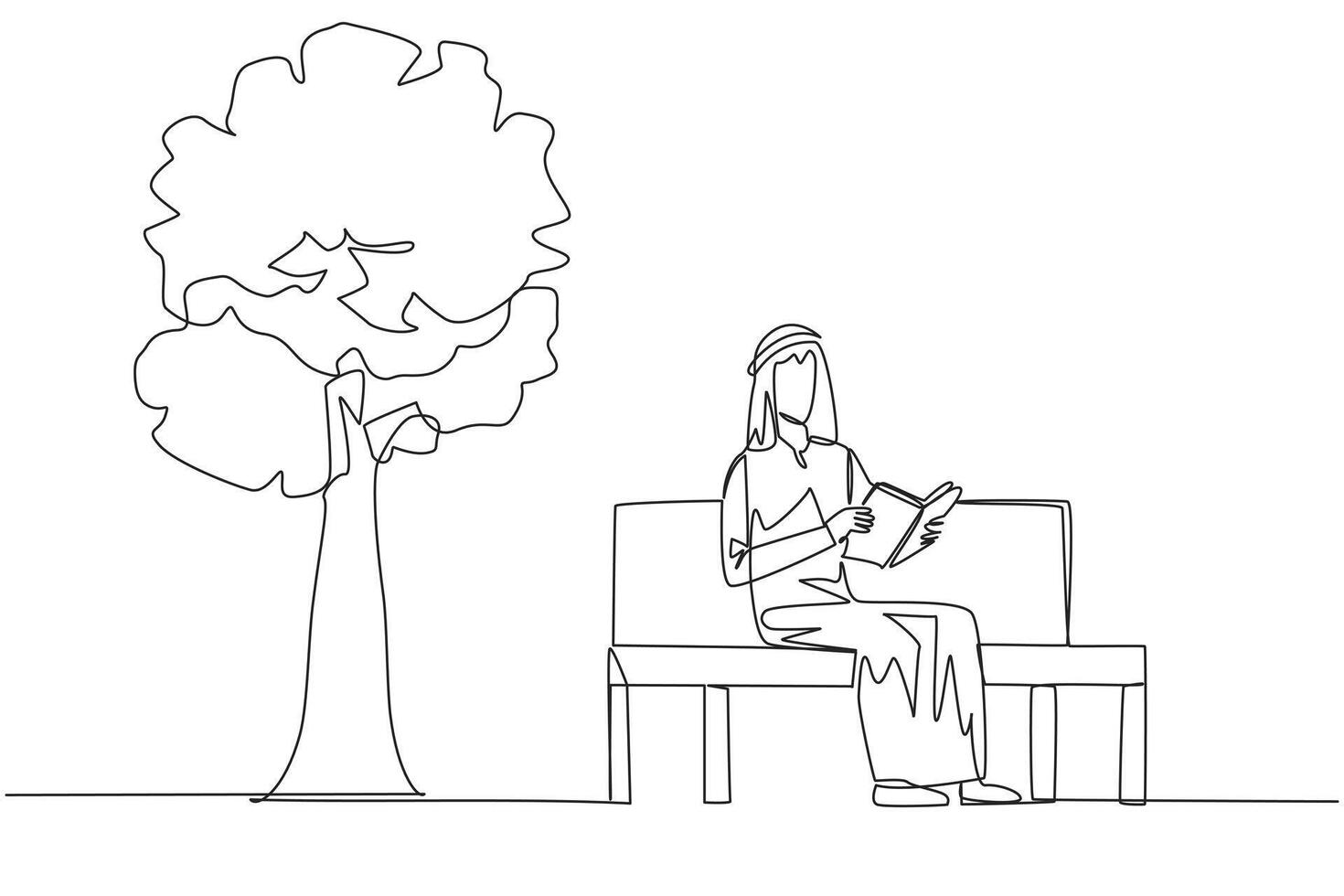 Single one line drawing Arabian man sitting on park bench reading book. Learn by re-reading textbook. Read to get maximum marks. Reading increase insight. Continuous line design graphic illustration vector