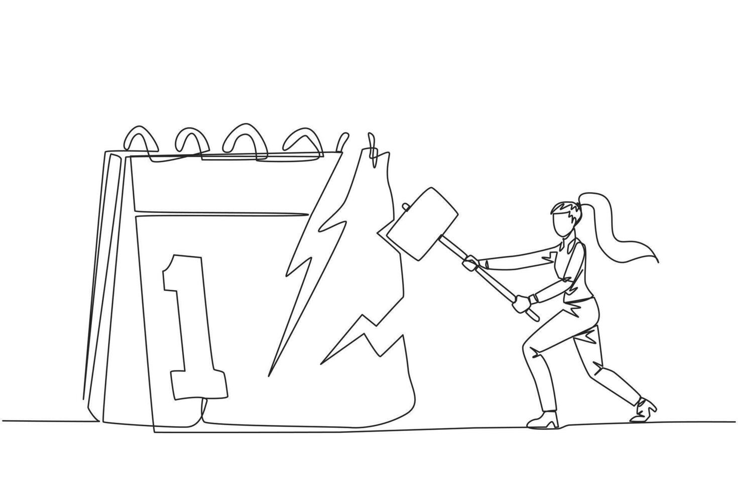 Single continuous line drawing businesswoman preparing to hit big desk calendar. Very angry expression. Lots of deadlines, holiday schedules become messy. Irate. One line design illustration vector