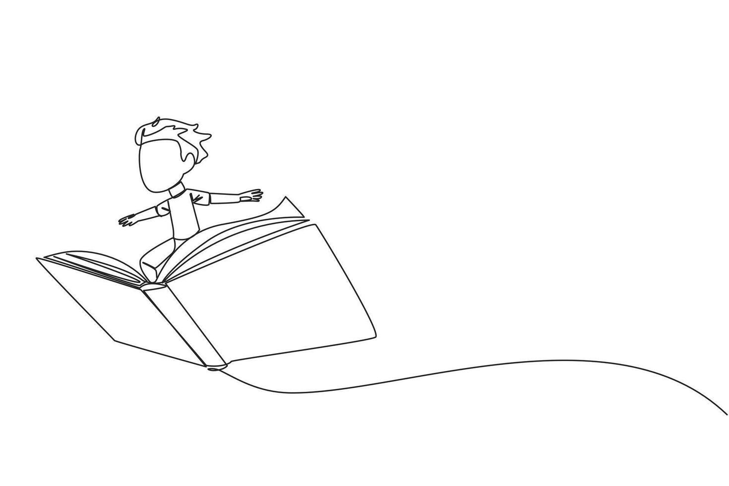 Single continuous line drawing boy standing on a large flying open book. Like riding a cloud, able to fly as high as possible. Reading increases insight. Love read. One line design illustration vector