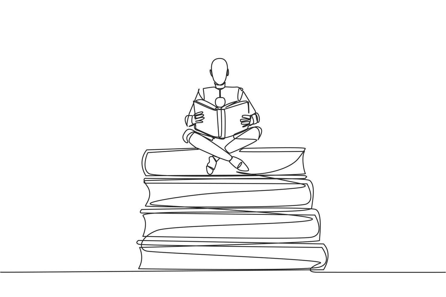 Continuous one line drawing robot sitting relax reading book on pile of books. Relax while reading fiction book. Enjoy storyline. Book festival concept. Single line draw design illustration vector
