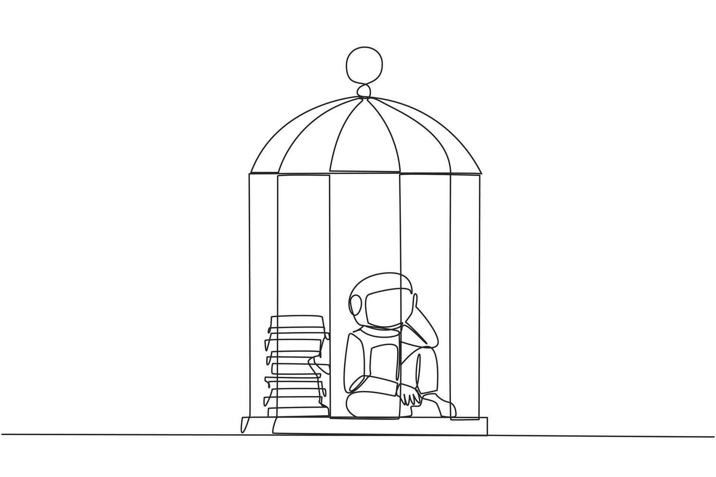 Continuous one line drawing astronaut trapped in the cage sitting down frustrated. Stress with piling up unfinished work until close to deadline. Exhausted. Single line draw design illustration vector