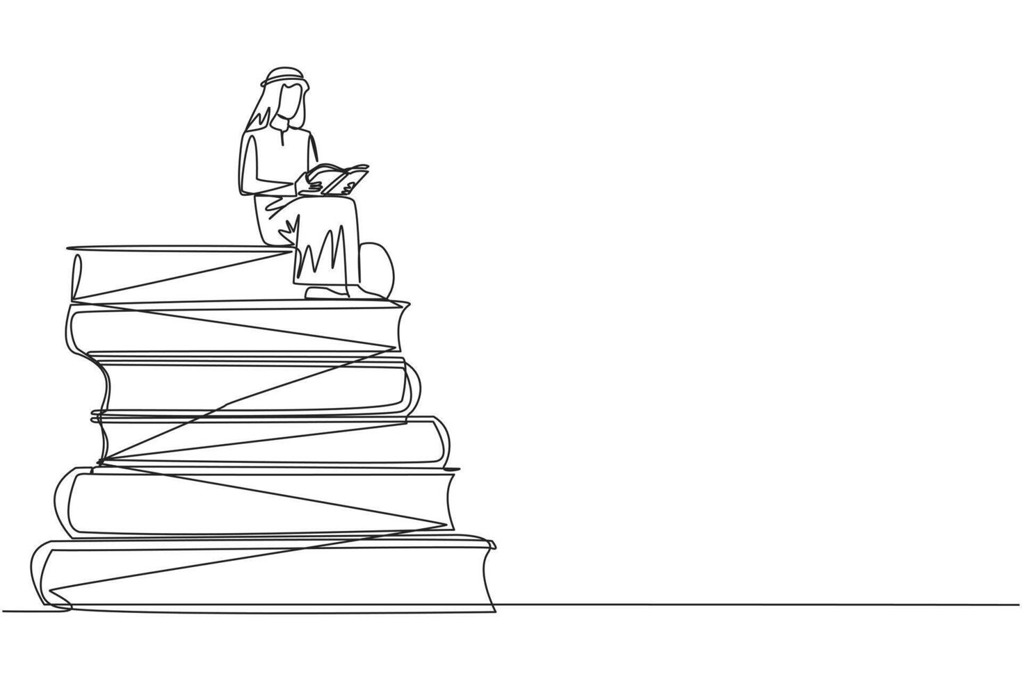 Continuous one line drawing Arabian man sitting on pile of books reading book. High interest in reading. Opening horizons of thinking. Book festival concept. Single line design illustration vector