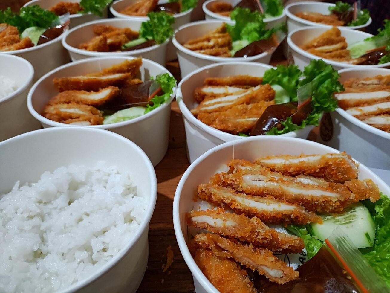 High angle view of food in bowls on table photo