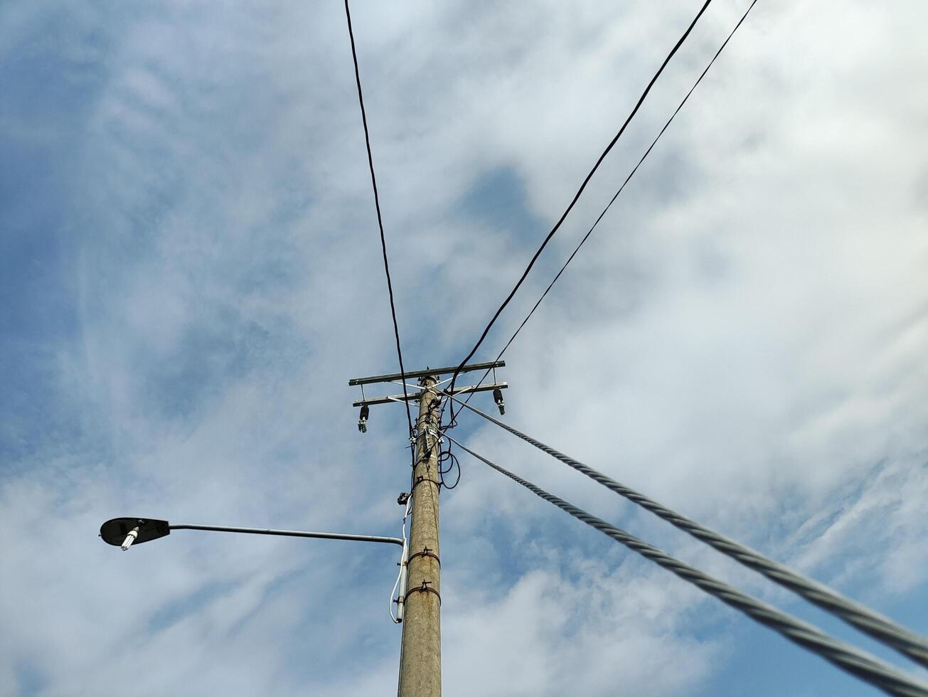 Low angle view of electricity pylon against cloudy sky photo