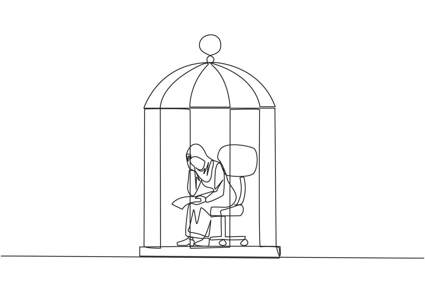 Continuous one line drawing Arab businesswoman trapped in cage sitting pensively holding paper. Failed business. Read the bankruptcy statement. Frustration. Sad. Single line draw illustration vector