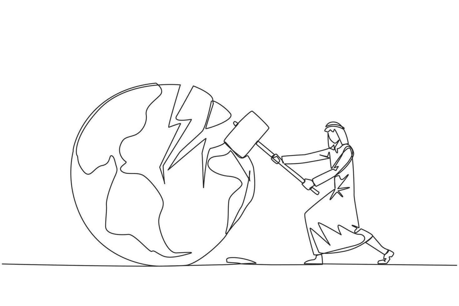 Single continuous line drawing Arabian businessman preparing to hit the big globe. Disappointed with the world. Businesses fall apart before it grow. Deepest anger. One line design illustration vector