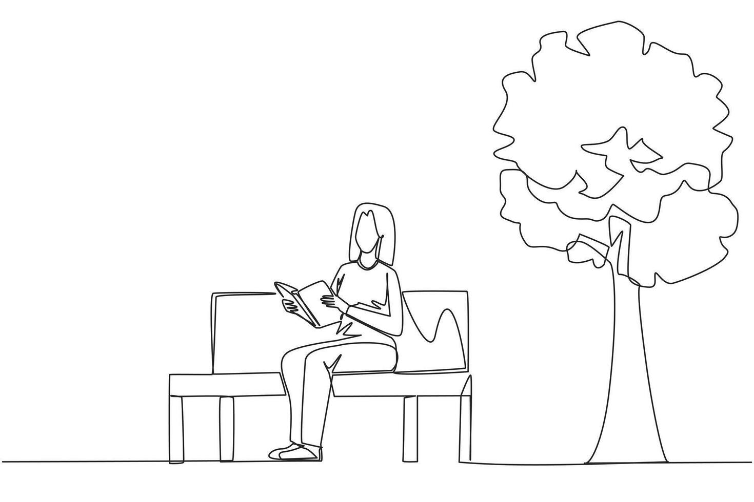 Single one line drawing woman sitting on park bench reading the book. Learn by re-reading the textbook. Read to get maximum marks. Reading increase insight. Continuous line design graphic illustration vector