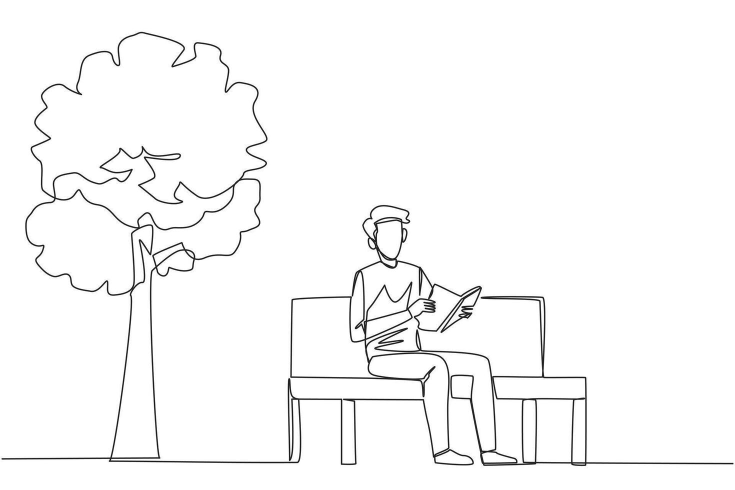 Continuous one line drawing man sitting on park bench reading book. Learn by re-reading textbook. Read to get maximum marks. Reading increase insight. Single line draw design illustration vector