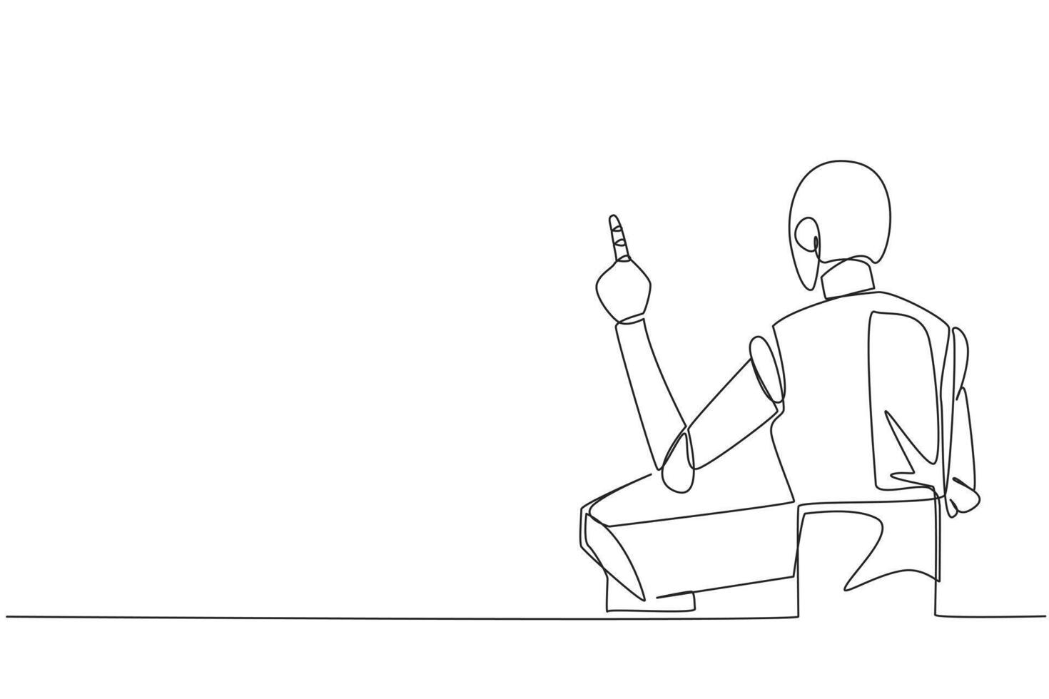 Continuous one line drawing from back view robotic speaking at podium while lifting index finger. Robot in Conference Hall present new business. Orator. Single line draw design illustration vector