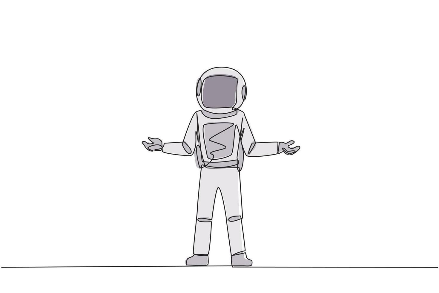 Continuous one line drawing young astronaut standing straight with open arms. Lonely and sadness astronaut lamenting undeveloped business. Unhappy manager. Single line draw design illustration vector