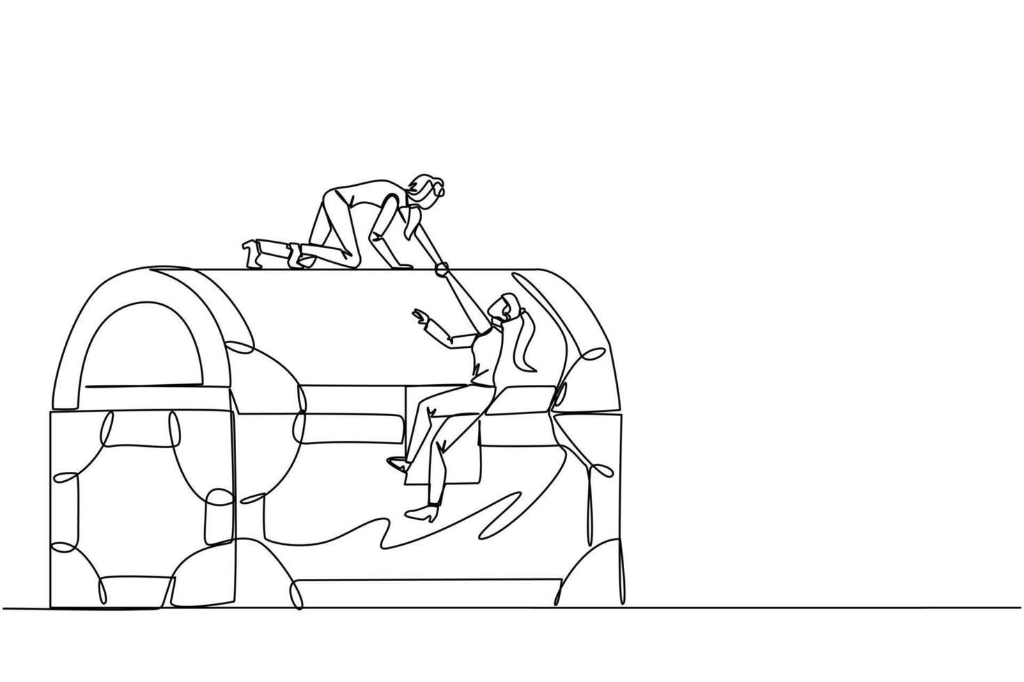 Single one line drawing businesswoman helps colleague climb a large treasure chest. Getting extraordinary profits. Share equally. Stronger together. Reward. Continuous line design graphic illustration vector