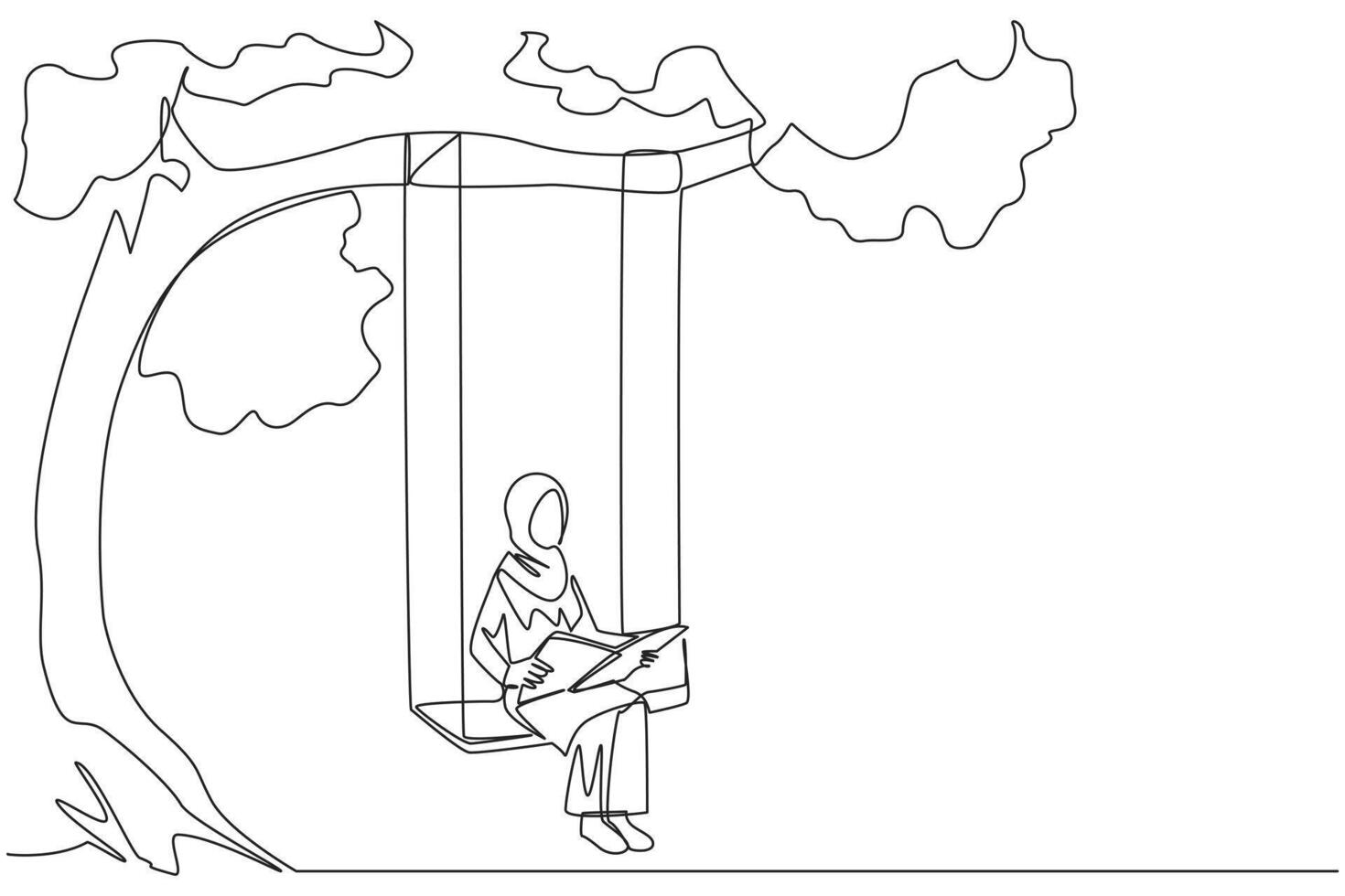 Single continuous line drawing Arabian woman sitting on swing under shady tree reading book. High enthusiasm for reading. Read anywhere. Reading increases insight. One line design illustration vector