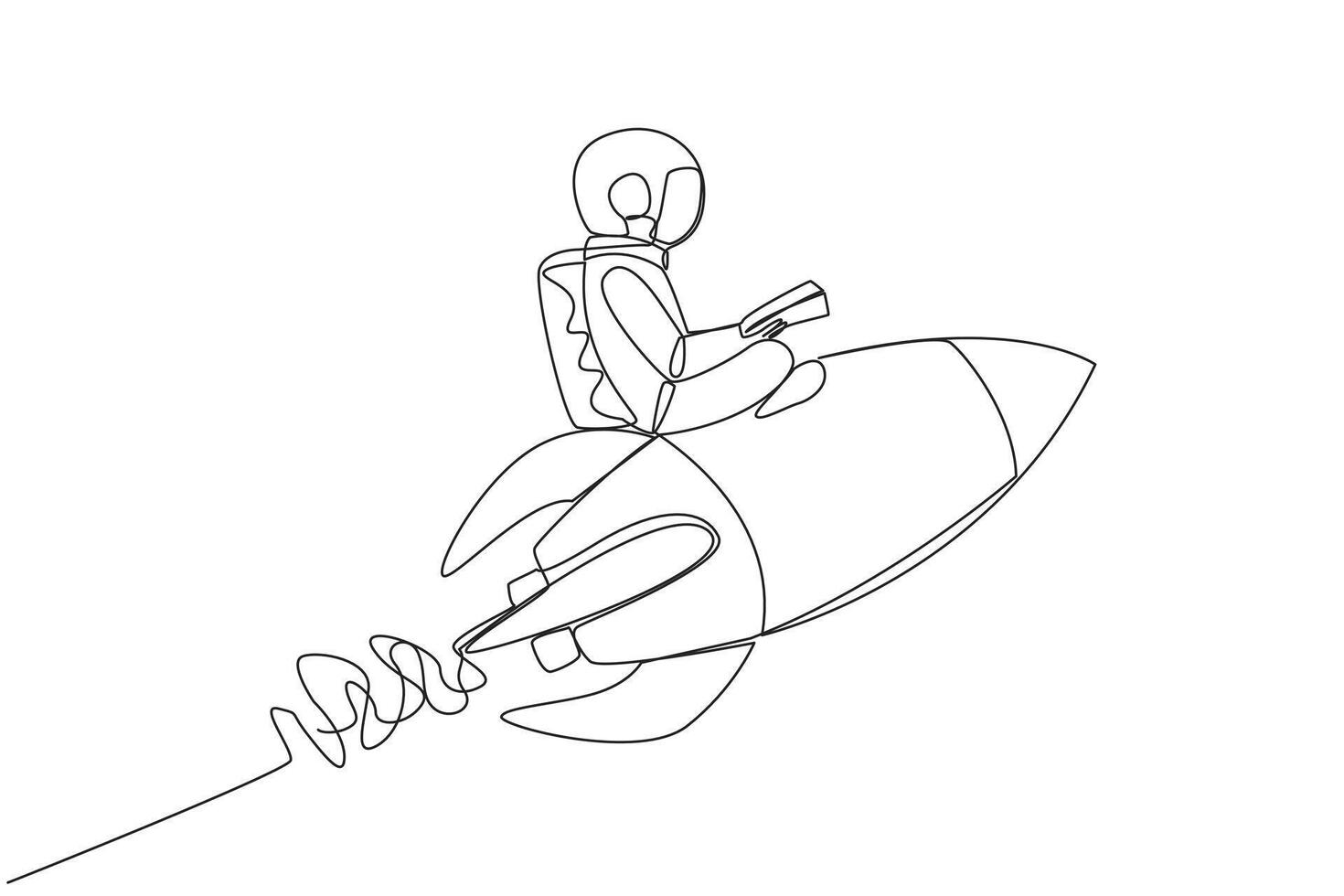 Continuous one line drawing astronaut flying on a rocket reading book. Always reading books anywhere. The book inspires to become scientist. Book festival. Single line draw design illustration vector