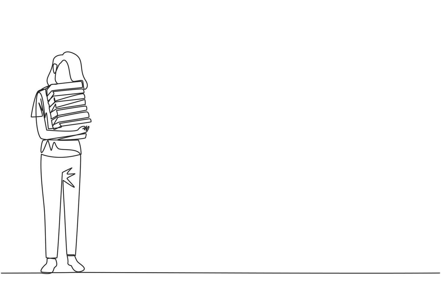 Single continuous line drawing woman standing hugging some books. Favorite book that finish reading. Some books will be donated to national library. Charity. Knowledge. One line illustration vector